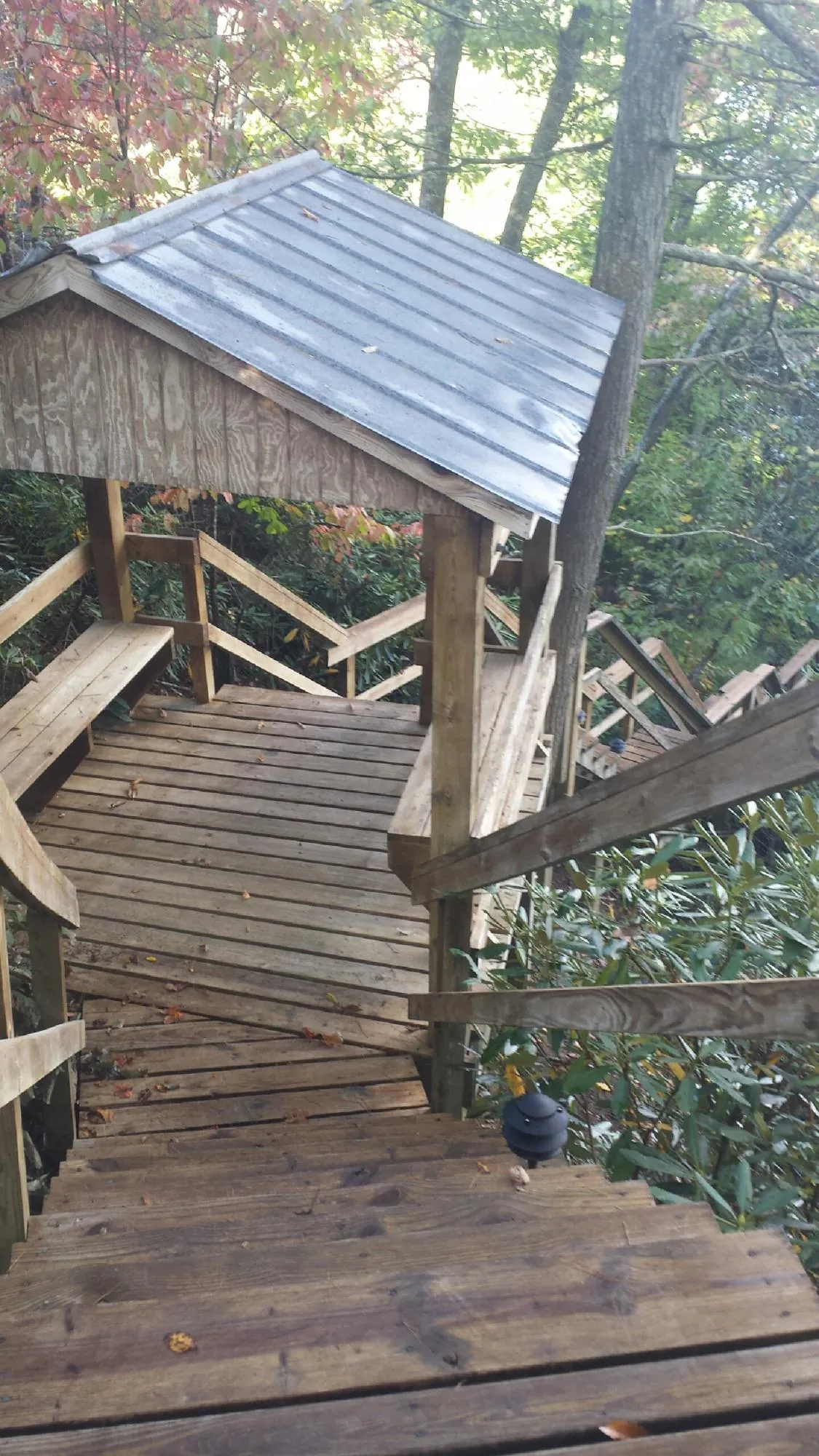 Metal roofed shelter over wooden steps on a wooded walkway — Skylight Repair & Installation work by our crew in Clarkfield